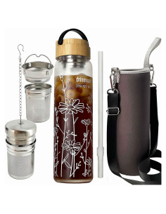 Botella de Agua de Vidrio 1000ml Drinmoaer con Infusor y Tapa de Bambú