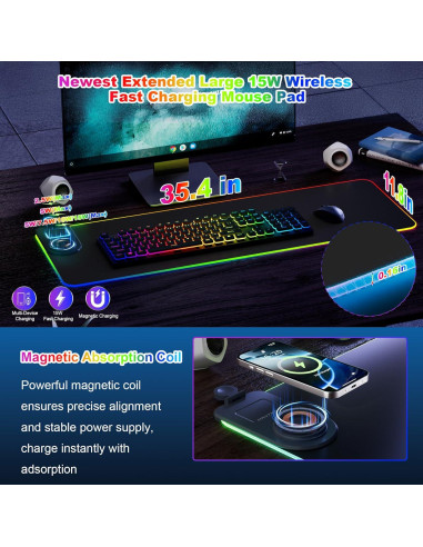 Alfombrilla de Carga Inalámbrica HAUTOCO 15W RGB 90x30cm