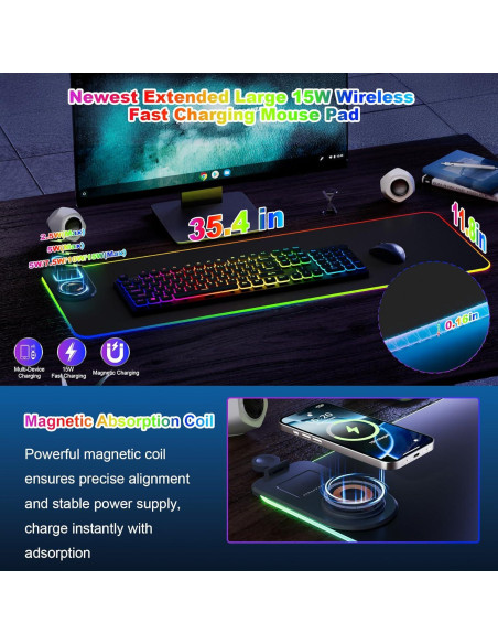 Alfombrilla de Carga Inalámbrica HAUTOCO 15W RGB 90x30cm