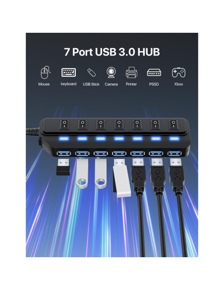 Hub USB 3.0 WIRWTRU de 7 Puertos con Interruptores LED