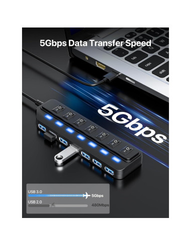 Hub USB 3.0 WIRWTRU de 7 Puertos con Interruptores LED