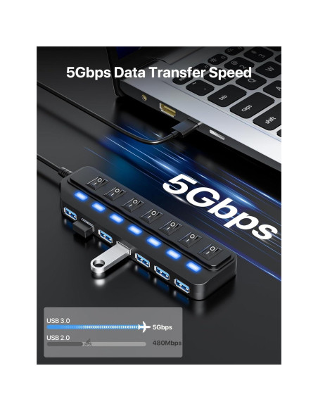 Hub USB 3.0 WIRWTRU de 7 Puertos con Interruptores LED