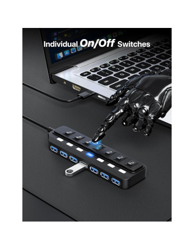 Hub USB 3.0 WIRWTRU de 7 Puertos con Interruptores LED