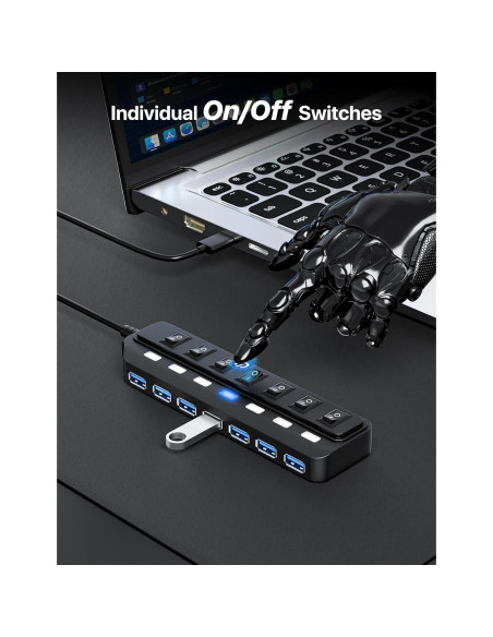 Hub USB 3.0 WIRWTRU de 7 Puertos con Interruptores LED