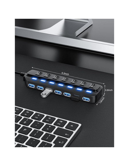 Hub USB 3.0 WIRWTRU de 7 Puertos con Interruptores LED