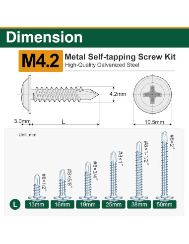 Kit de 152 Tornillos Autoperforantes M4.2 para Metal y Madera