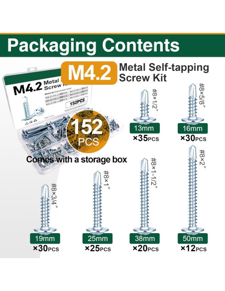 Kit de 152 Tornillos Autoperforantes M4.2 para Metal y Madera