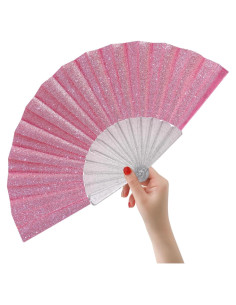 Abanico de Mano Brillante HeyToo Rosa 23cm para Fiesta