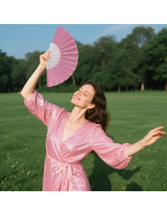 Abanico de Mano Brillante HeyToo Rosa 23cm para Fiesta 2