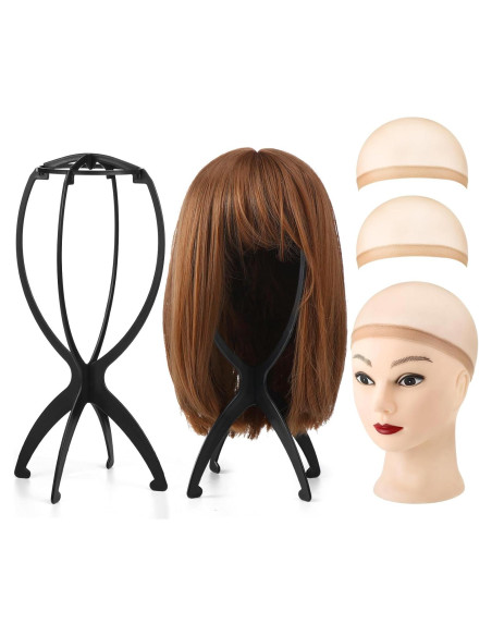 2 Gorras de Peluca Marrón con Soporte de Cabeza - Nylon Elástico