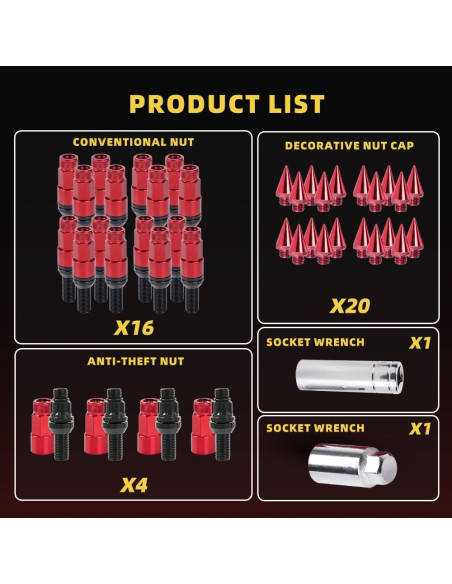 Tornillos de Rueda M14x1.5 muge racing 20 PCS Aluminio Rojo