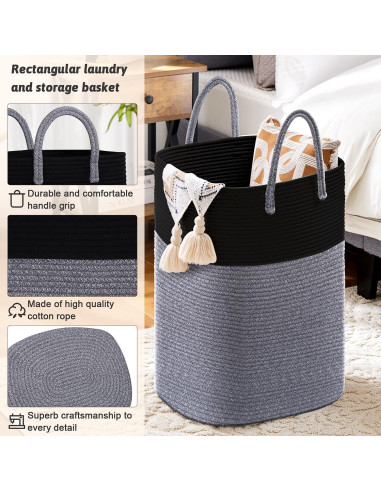 Cesta de Ropa Artfeel 40L Algodón Trenzado Negra Plegable