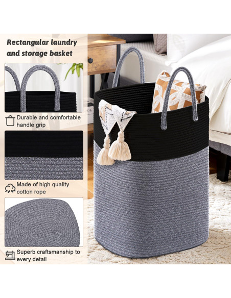 Cesta de Ropa Artfeel 40L Algodón Trenzado Negra Plegable