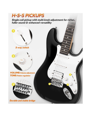 Kit Guitarra Eléctrica STRICH HSS 39" Completo Negro