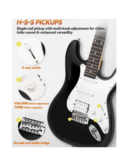 Kit Guitarra Eléctrica STRICH HSS 39" Completo Negro