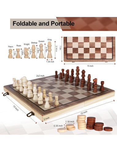 Juego de Ajedrez y Damas de Madera Demiwise 38.1 cm Plegable