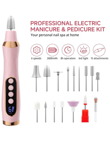 Kit de Manicura y Pedicura MEOUNEQU, Taladro Eléctrico 6 Velocidades