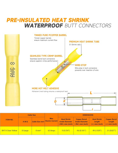 Conectores de Empalme Termorretráctil SVAAR 40 PCS 8 AWG Amarillo