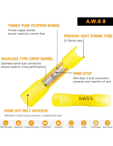 Conectores de Empalme Termorretráctil SVAAR 40 PCS 8 AWG Amarillo