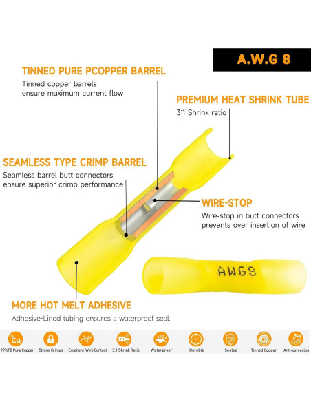 Conectores de Empalme Termorretráctil SVAAR 40 PCS 8 AWG Amarillo