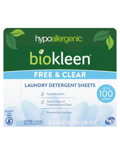 Hojas de detergente Biokleen Free & Clear - 100 cargas, hipoalergénico