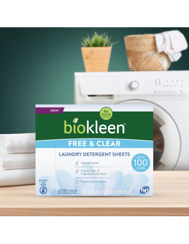 Hojas de detergente Biokleen Free & Clear - 100 cargas, hipoalergénico