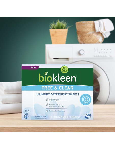 Hojas de detergente Biokleen Free & Clear - 100 cargas, hipoalergénico