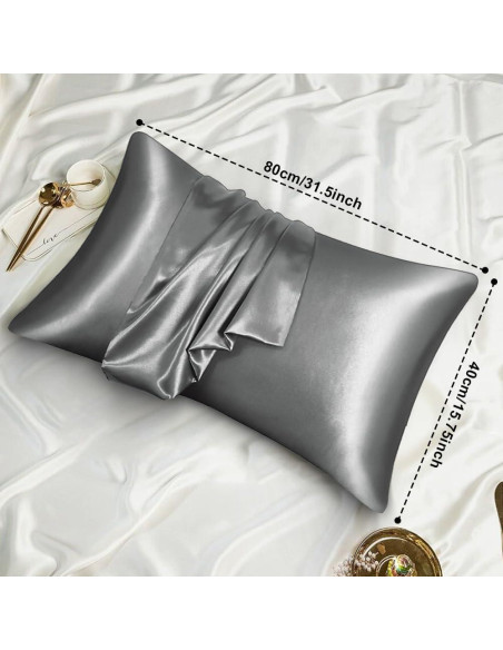 AUAUY Funda de Almohada de Satén 40x80cm Gris Oscuro - 2 Piezas