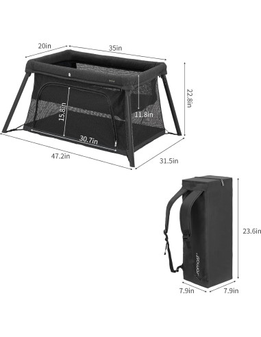 Cuna de viaje portátil 2 en 1 Gromast - Colchón suave, Negro