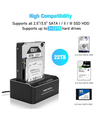 Estación de Acoplamiento USB-C/USB 3.0 RSHTECH RSH-DS01C Doble Bahía 22TB