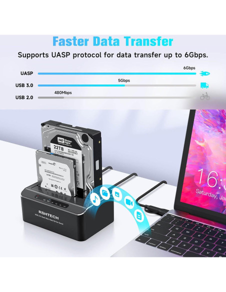 Estación de Acoplamiento USB-C/USB 3.0 RSHTECH RSH-DS01C Doble Bahía 22TB