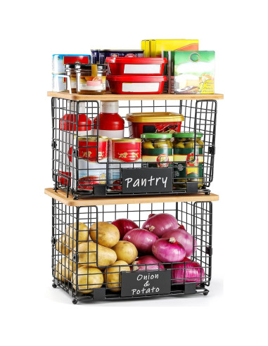 Cesta Apilable XL AOZITA con Tapa de Bambú - Organizador Multiuso