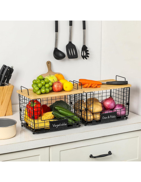 Cesta Apilable XL AOZITA con Tapa de Bambú - Organizador Multiuso