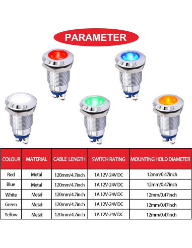 10 Pcs Luz Indicadora LED 12mm IP67 MKBKLLJY 12-24V 5 Colores