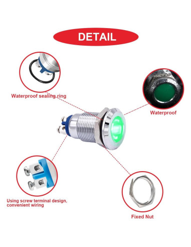 10 Pcs Luz Indicadora LED 12mm IP67 MKBKLLJY 12-24V 5 Colores