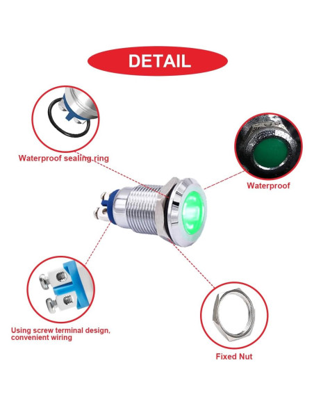 10 Pcs Luz Indicadora LED 12mm IP67 MKBKLLJY 12-24V 5 Colores