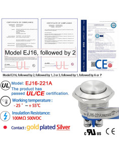 Interruptor de Botón Momentáneo ZJWZJH 16mm IP67 3 Pcs 2