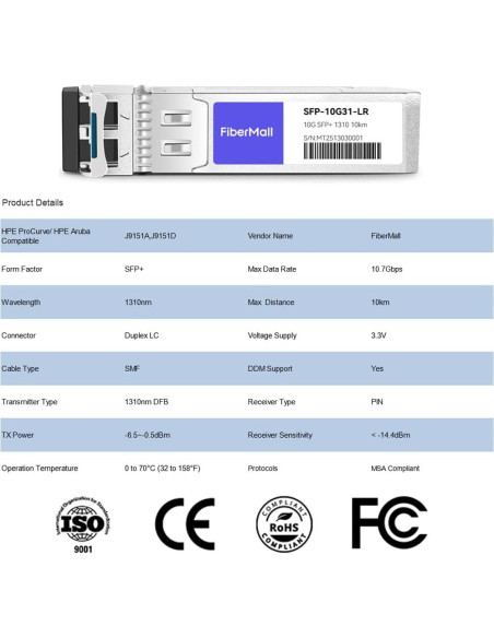 Módulo Transceptor Óptico SFP+ 10G LR FiberMall 10km LC