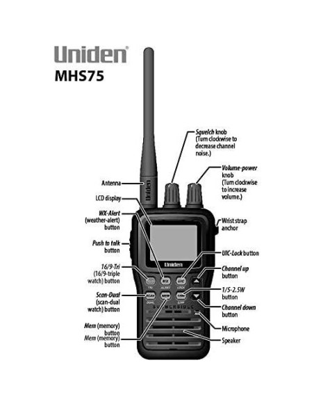 Radio Marina de Mano Uniden MHS75 Impermeable VHF 5W
