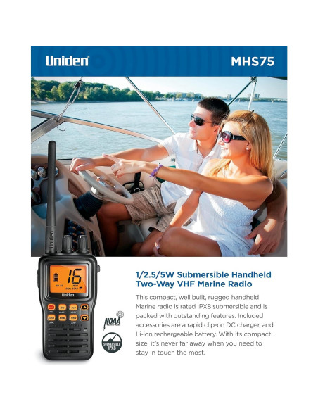 Radio Marina de Mano Uniden MHS75 Impermeable VHF 5W