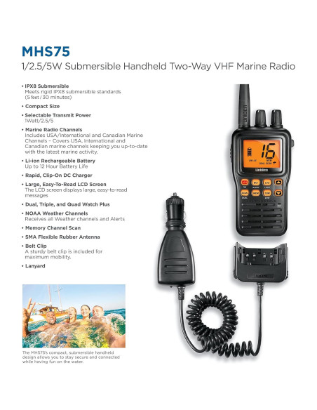 Radio Marina de Mano Uniden MHS75 Impermeable VHF 5W