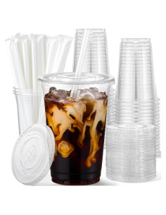Vasos de Plástico AOZITA 16 Oz - Paquete de 25 con Tapas y Pajitas