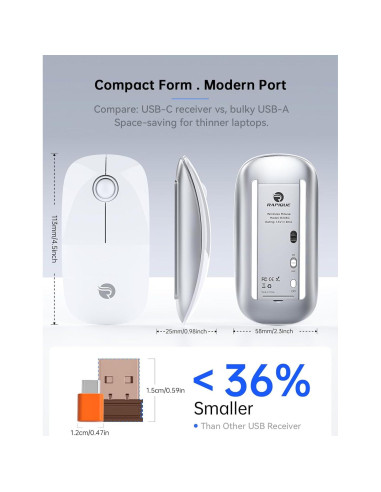 RAPIQUE R306C Ratón Inalámbrico USB-C Blanco, Silencioso, 3 DPI