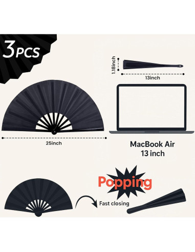 Abanicos Plegables JOHAUSE 3 Pcs 33cm Negros para Fiesta