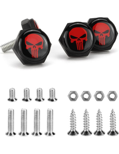Kit de Sujetadores de Tornillos para Placas de Matrícula Gseigvee 4 Piezas Calavera Roja