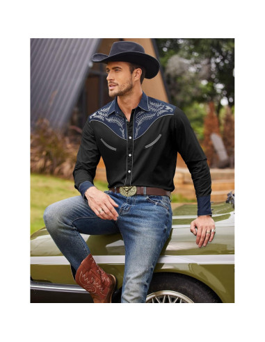 Camisa de Vaquero Bordada COOFANDY para Hombre - Negro
