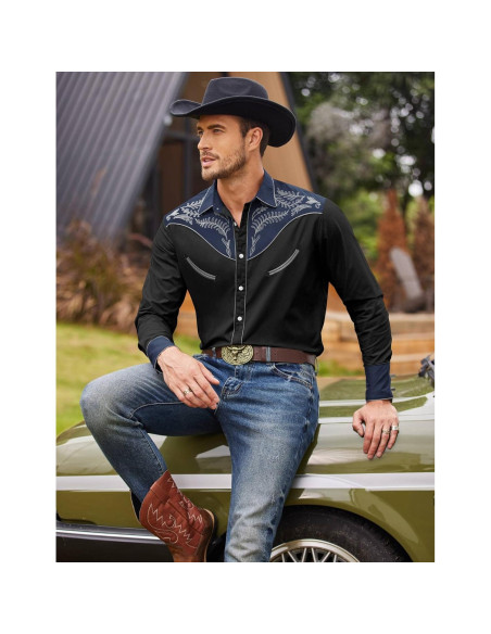 Camisa de Vaquero Bordada COOFANDY para Hombre - Negro