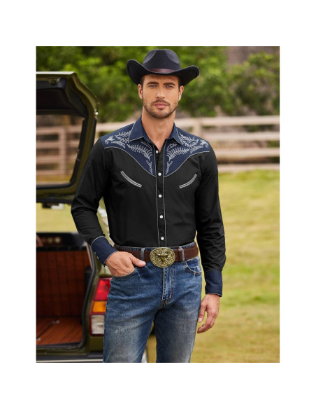 Camisa de Vaquero Bordada COOFANDY para Hombre - Negro