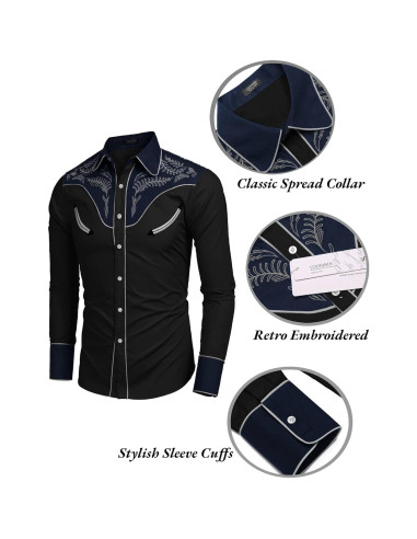 Camisa de Vaquero Bordada COOFANDY para Hombre - Negro