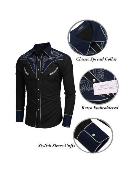 Camisa de Vaquero Bordada COOFANDY para Hombre - Negro